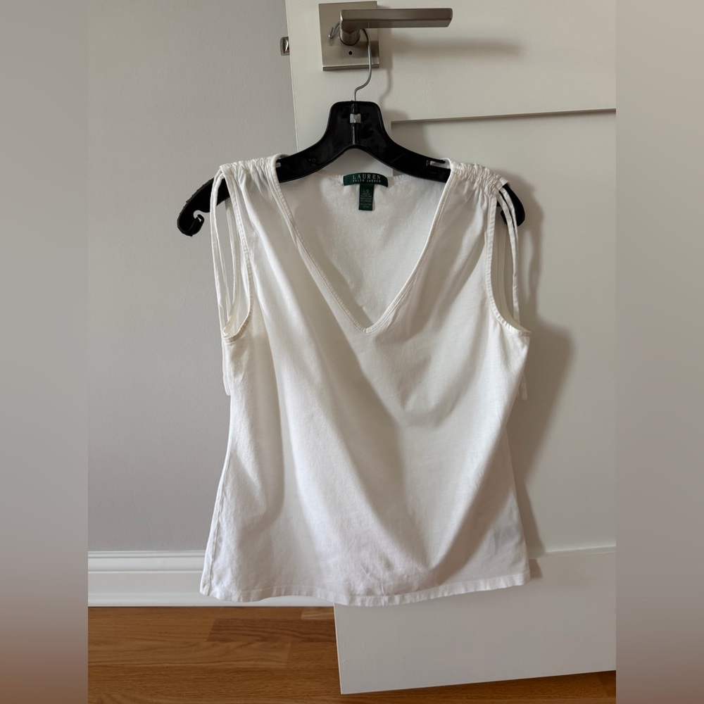 LAUREN Ralph Lauren  White Tassel-Trim Cinched Top Blouse Size L